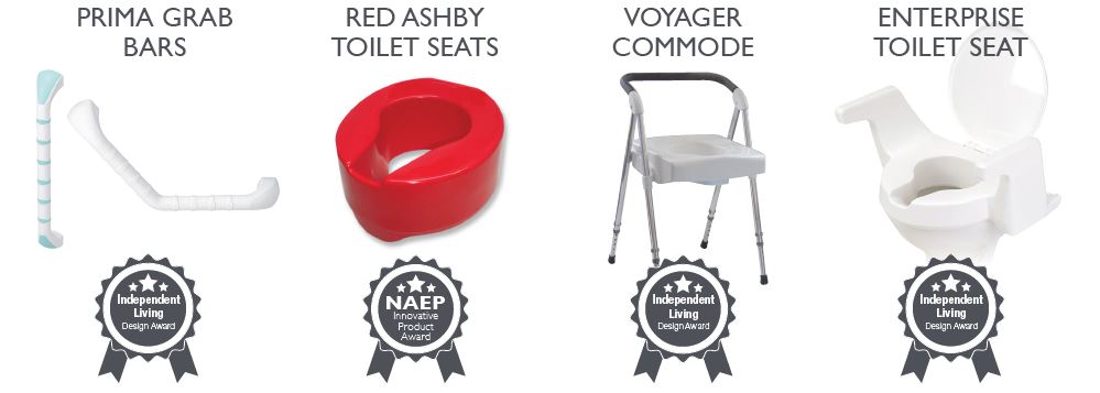 Other award winners, enterprise, prima grab bars, red ashby toilet seats for dementia care, voyager commode folds down for travel